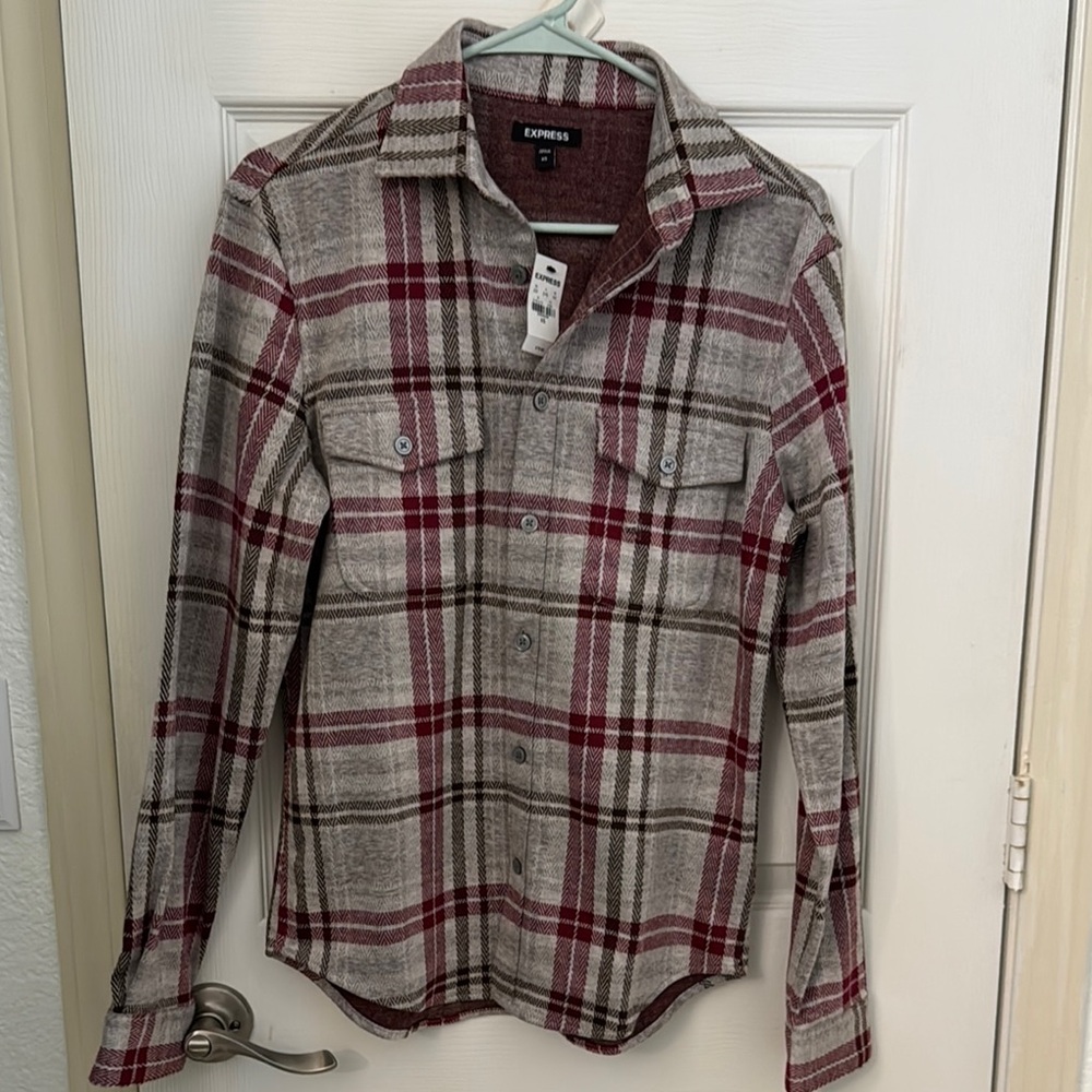 Express Men's Red and Gray Plaid Shirt
